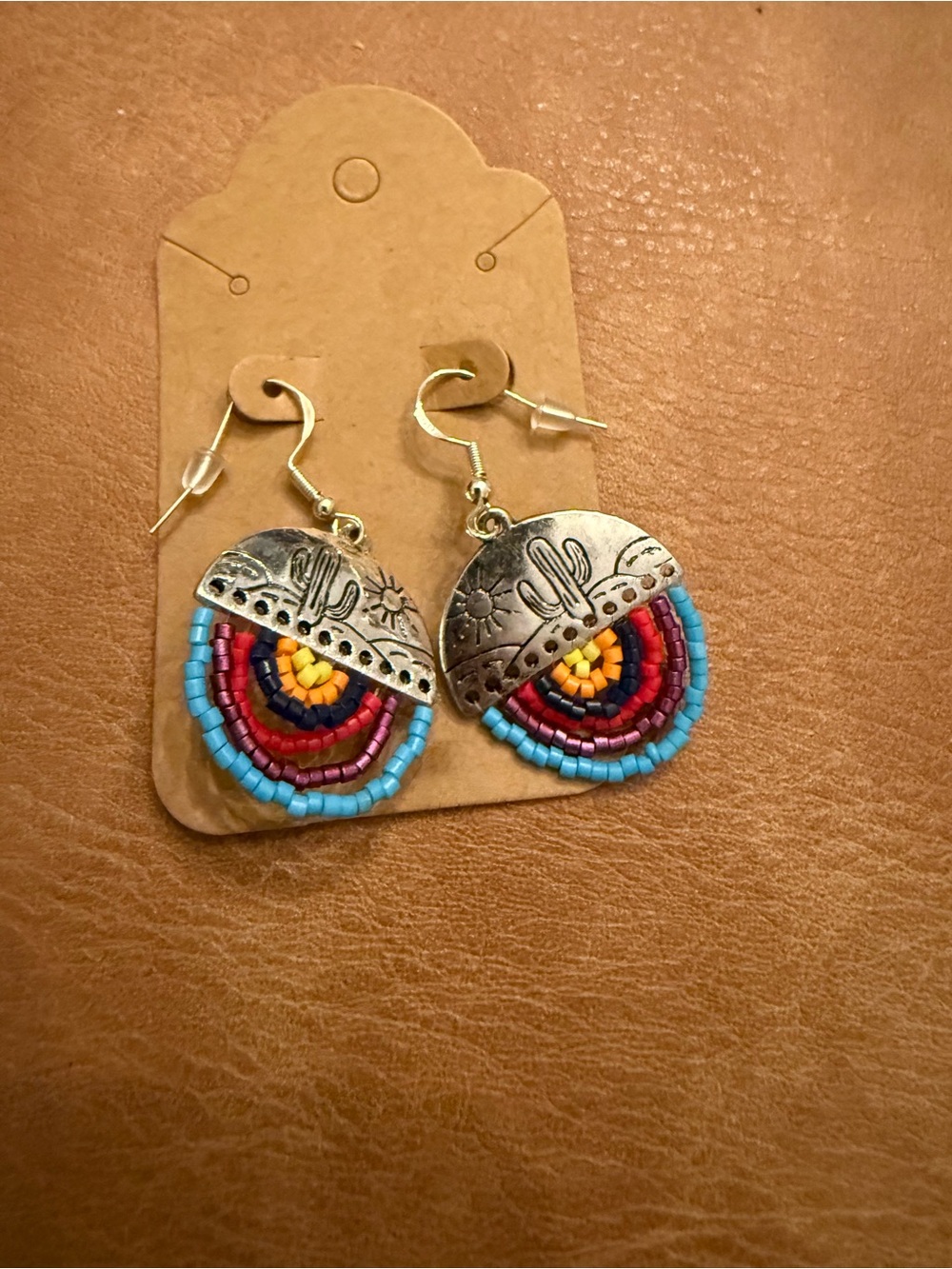 Handcrafted Multicolor Beaded Sun & Cactus Drop Earrings -Women Jewelry 925 hook